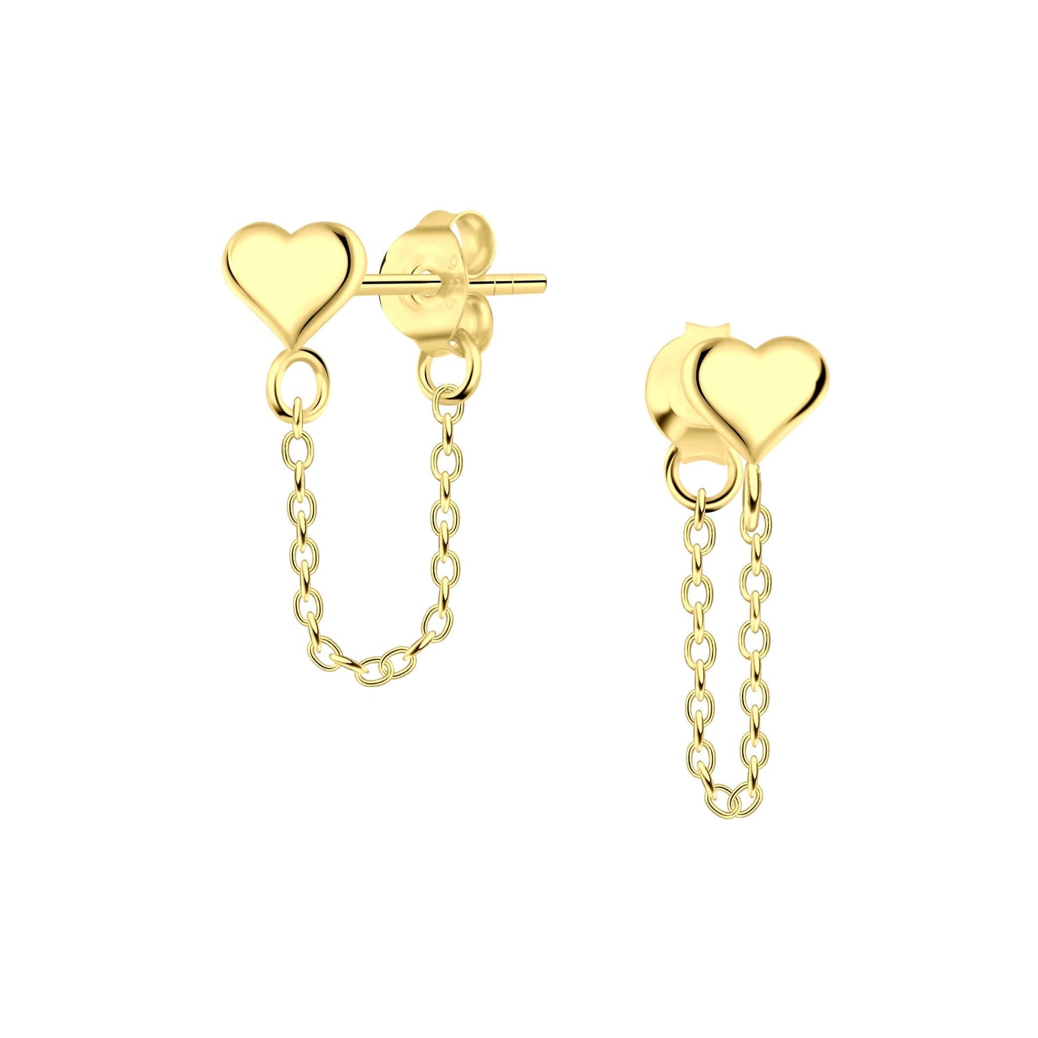 Gold heart chain earrings with studs featuring elegant design, perfect for any occasion.