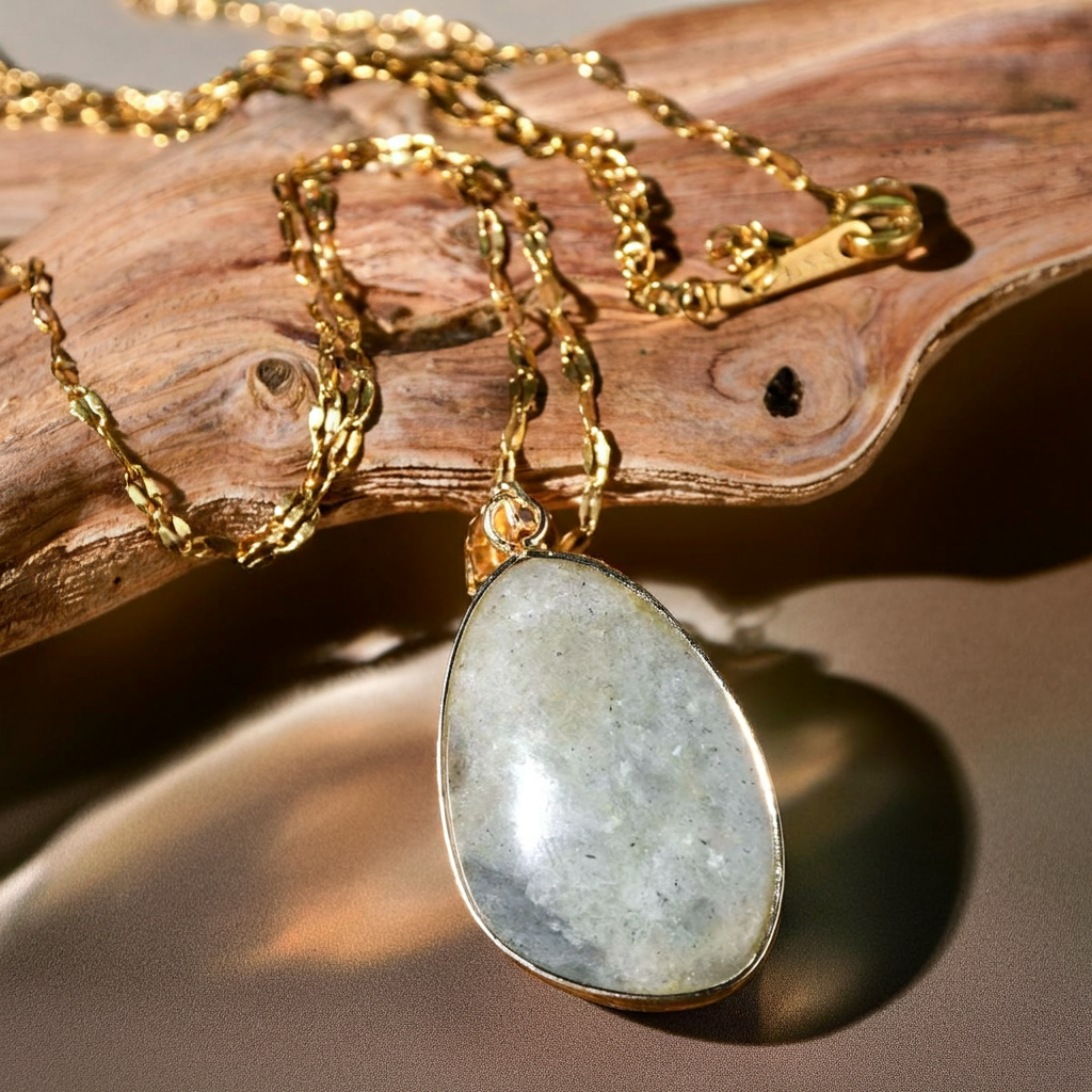 Gold necklace with a pendant on a wooden surface