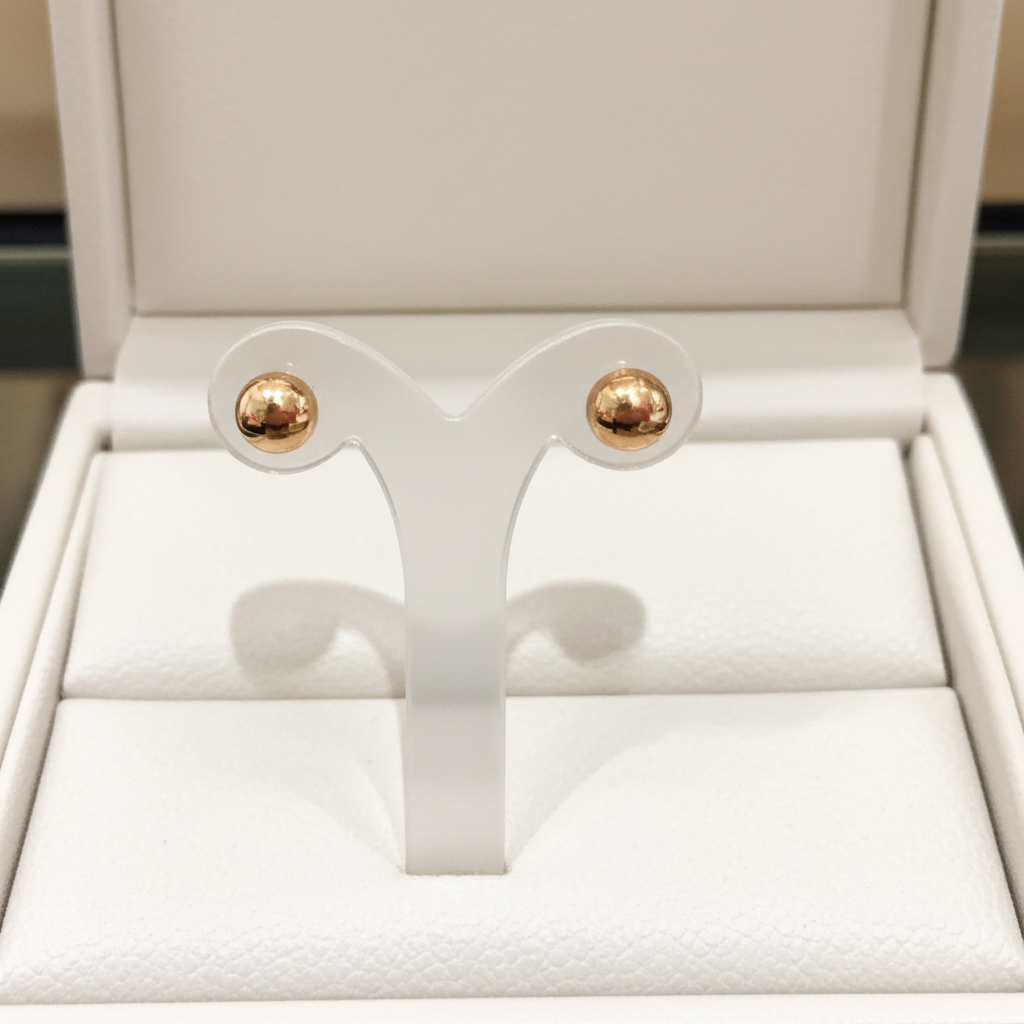 Gold earrings on a white stand inside an open jewelry box.