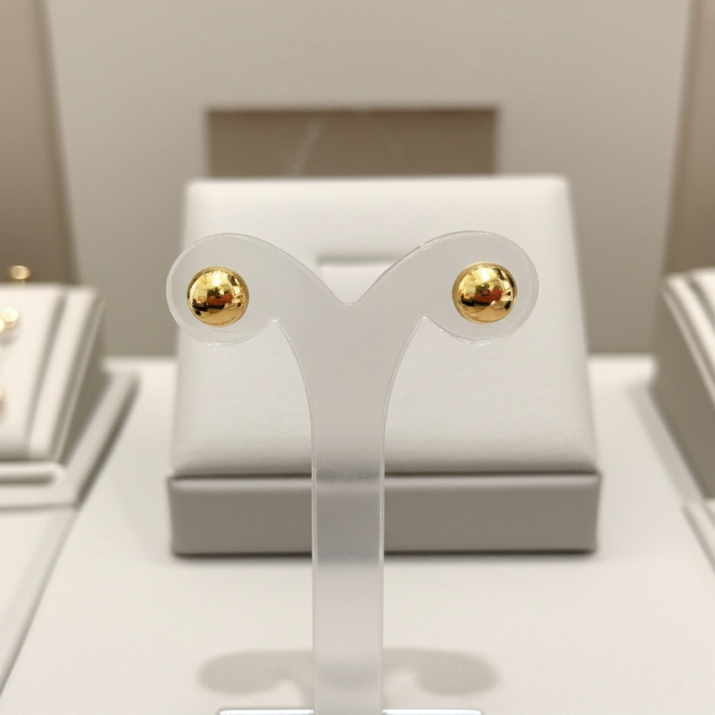 Gold earrings on a white earring stand with a neutral background