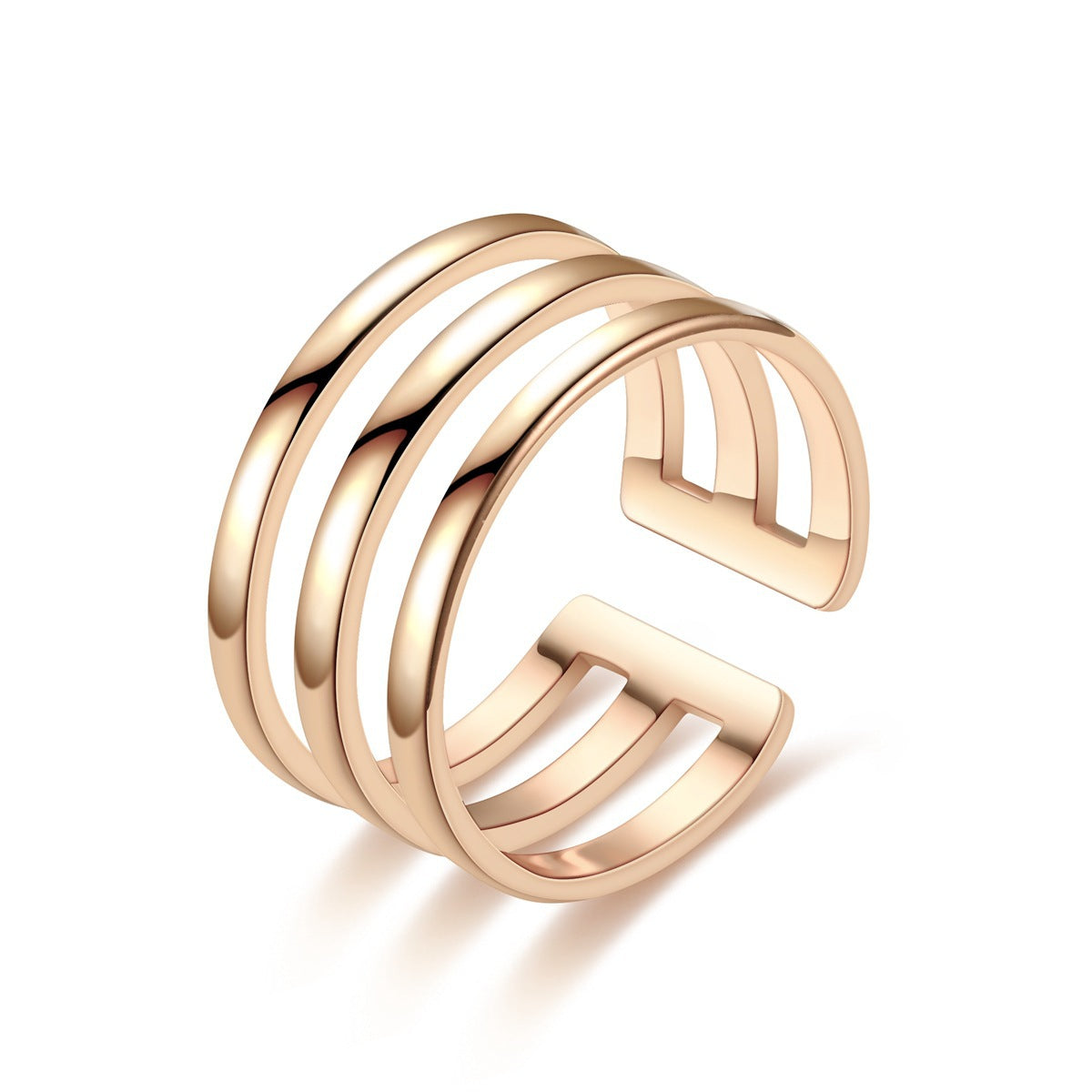 Rose gold open ring with multiple bands on a white background