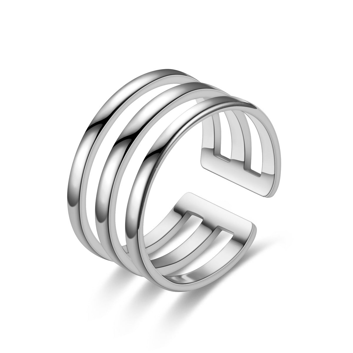 Silver ring with multiple bands on a white background