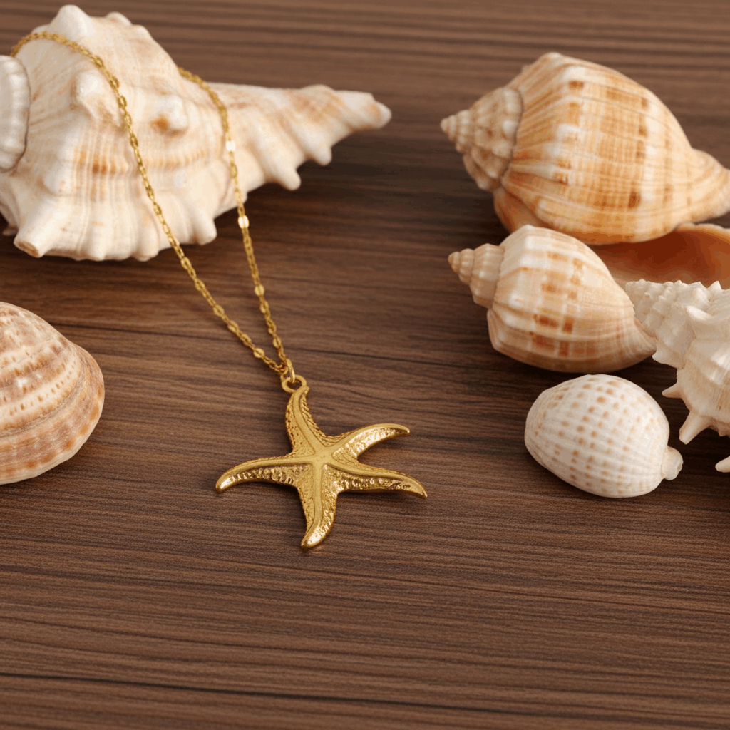 Gold starfish pendant necklace on a wooden surface with seashells
