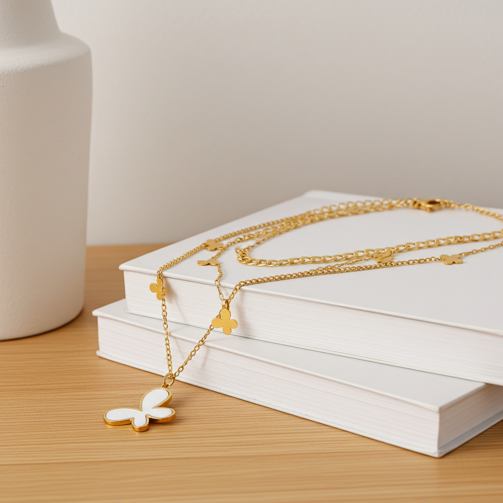 Gold necklaces with butterfly and cross pendants on a stack of white books.