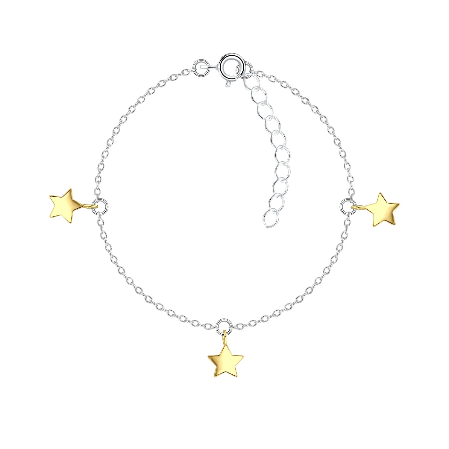 Silver bracelet with gold star charms, elegant 925 sterling silver design, perfect for stacking or solo wear.