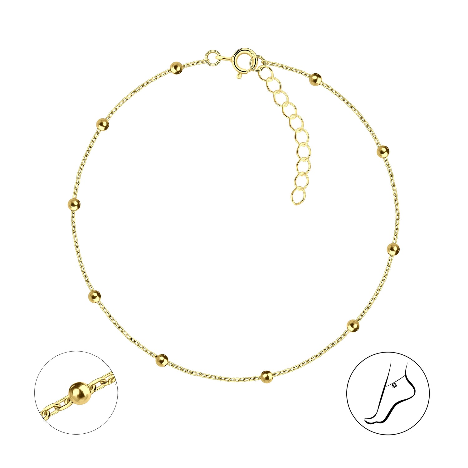 Elegant gold anklet with adjustable chain and beads, perfect for summer wear. Lightweight and stylish for any occasion.