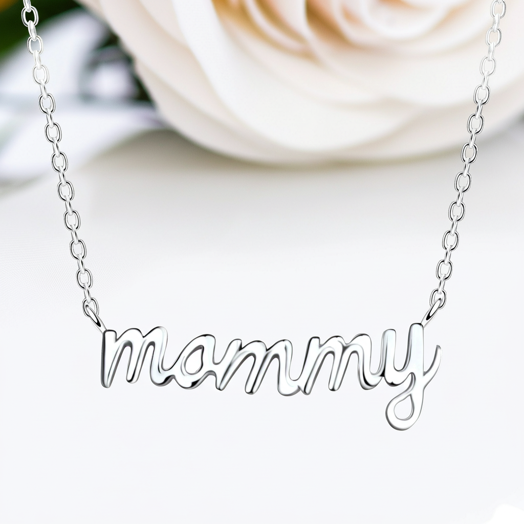 Sterling silver necklace with 'mommy' script pendant, elegant and timeless accessory for mothers.