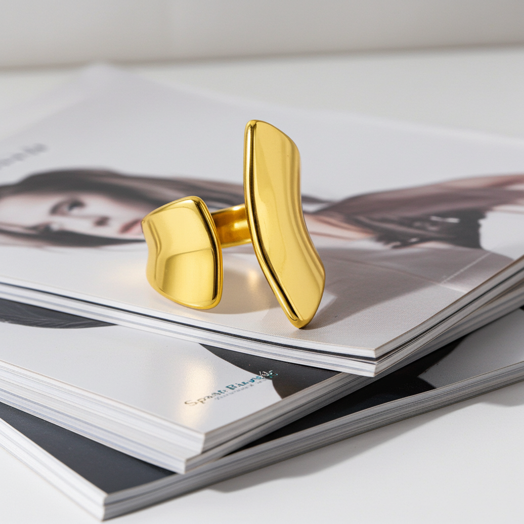 Stainless steel ring with a textured wave design on display, showcasing modern craftsmanship and durability.