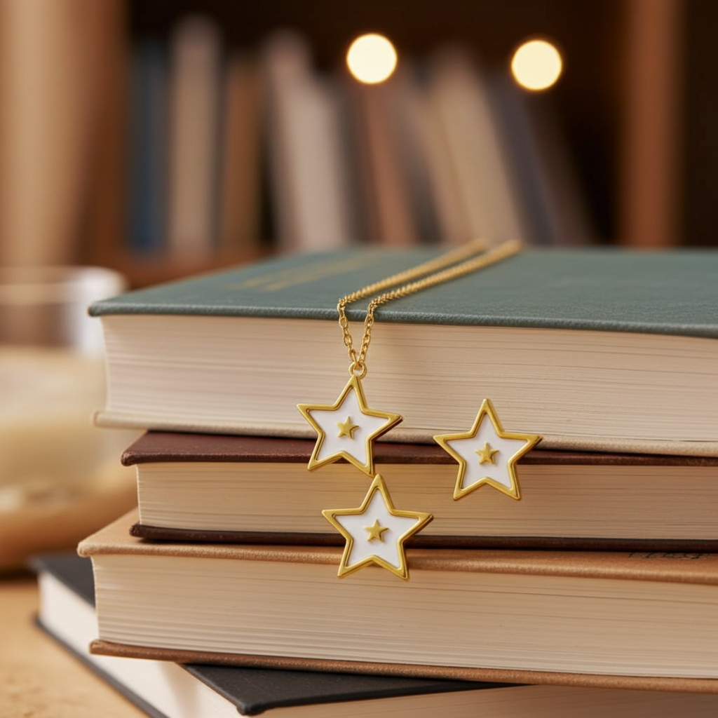 Gold star-shaped stainless steel jewelry set with necklace and earrings on a soft, glowing background