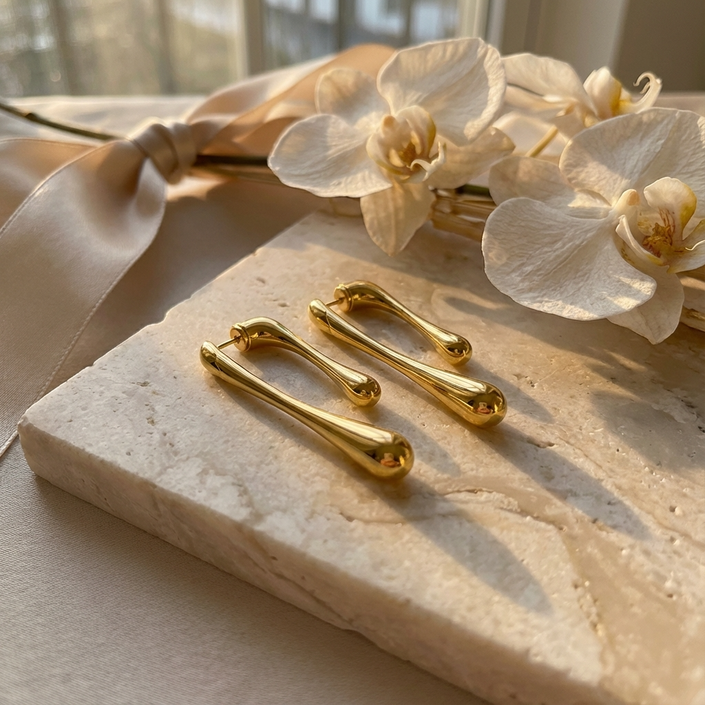 Gold earrings on a marble surface with white flowers in the background