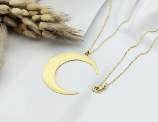 Gold crescent moon necklace on a white surface with dried grasses.