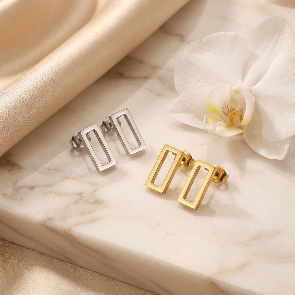 Astra Open - Frame Gold Studs | Minimalist Rectangle Earrings - Brazale - T