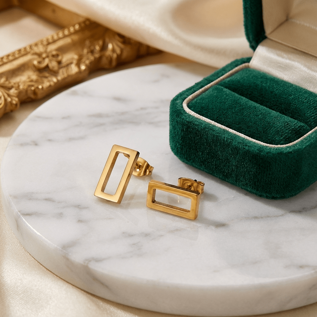 Astra Open - Frame Gold Studs | Minimalist Rectangle Earrings - Brazale - T