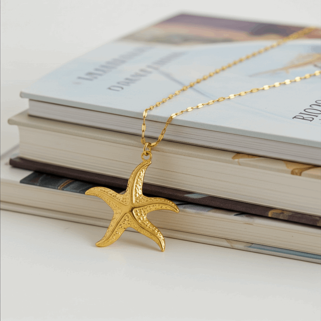 Gold starfish pendant necklace on a stack of books