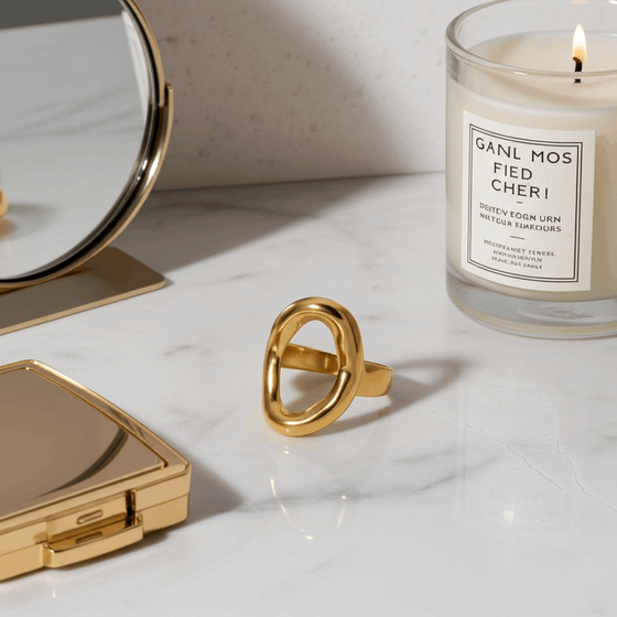 Gold ring on a marble surface with a candle and compact mirror in the background
