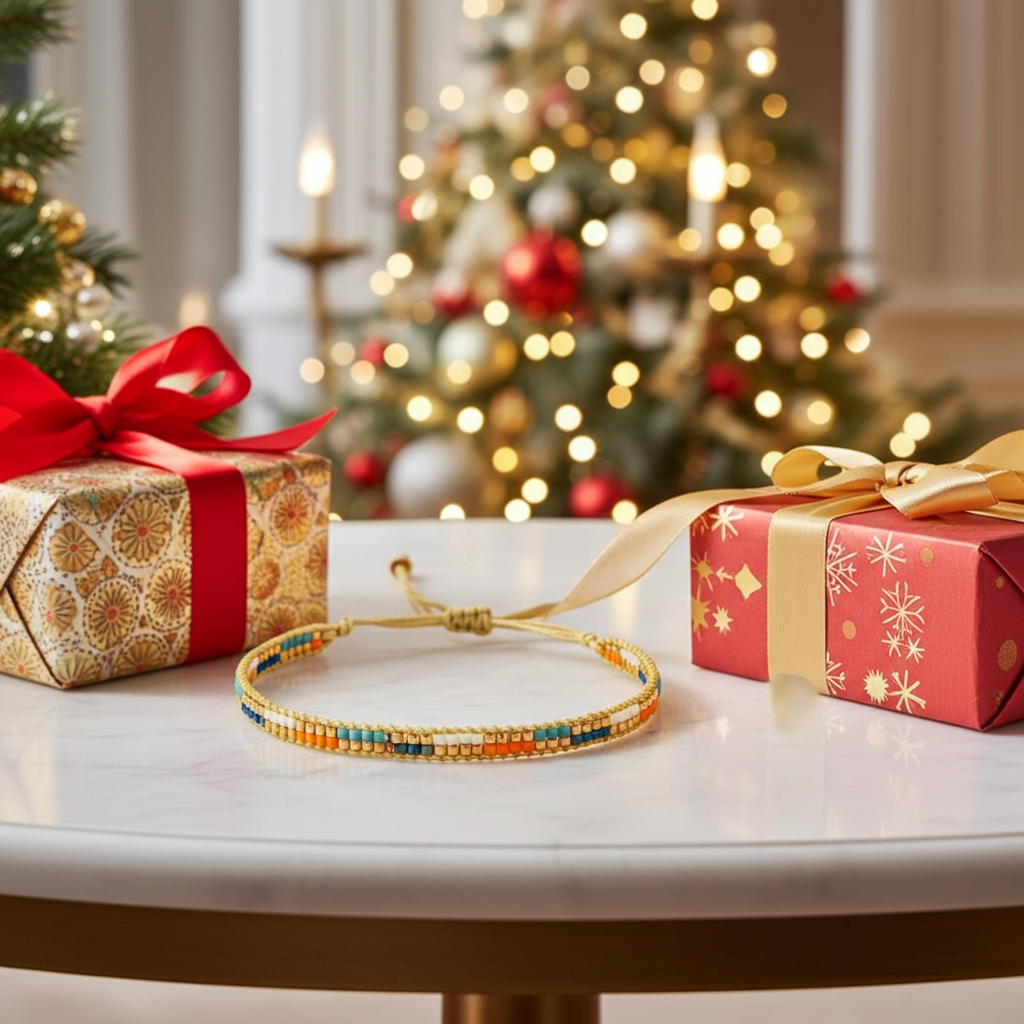 Gold bracelet on a table with Christmas presents and trees in the background