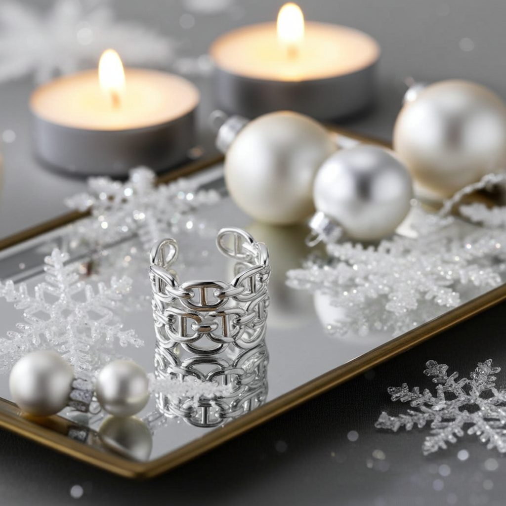 Silver ring with intricate design on a reflective surface with candles and ornaments