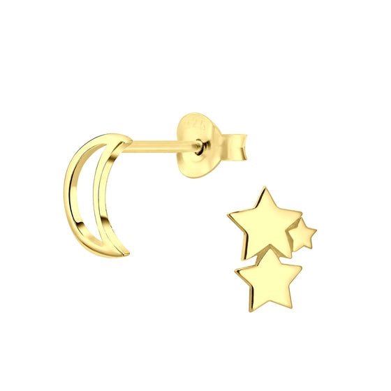 Moon and Star Stud Earrings | 925 Sterling Silver 14k Gold Plated - Brazale - T