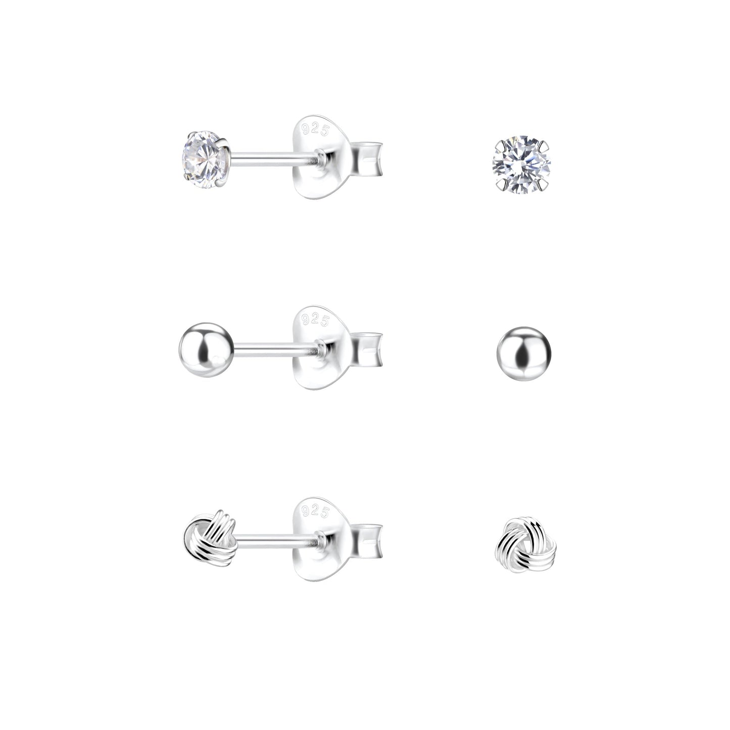 Round Zirconia Stud Earrings Set | 925 Sterling Silver Waterproof 3.3mm - Brazale - T