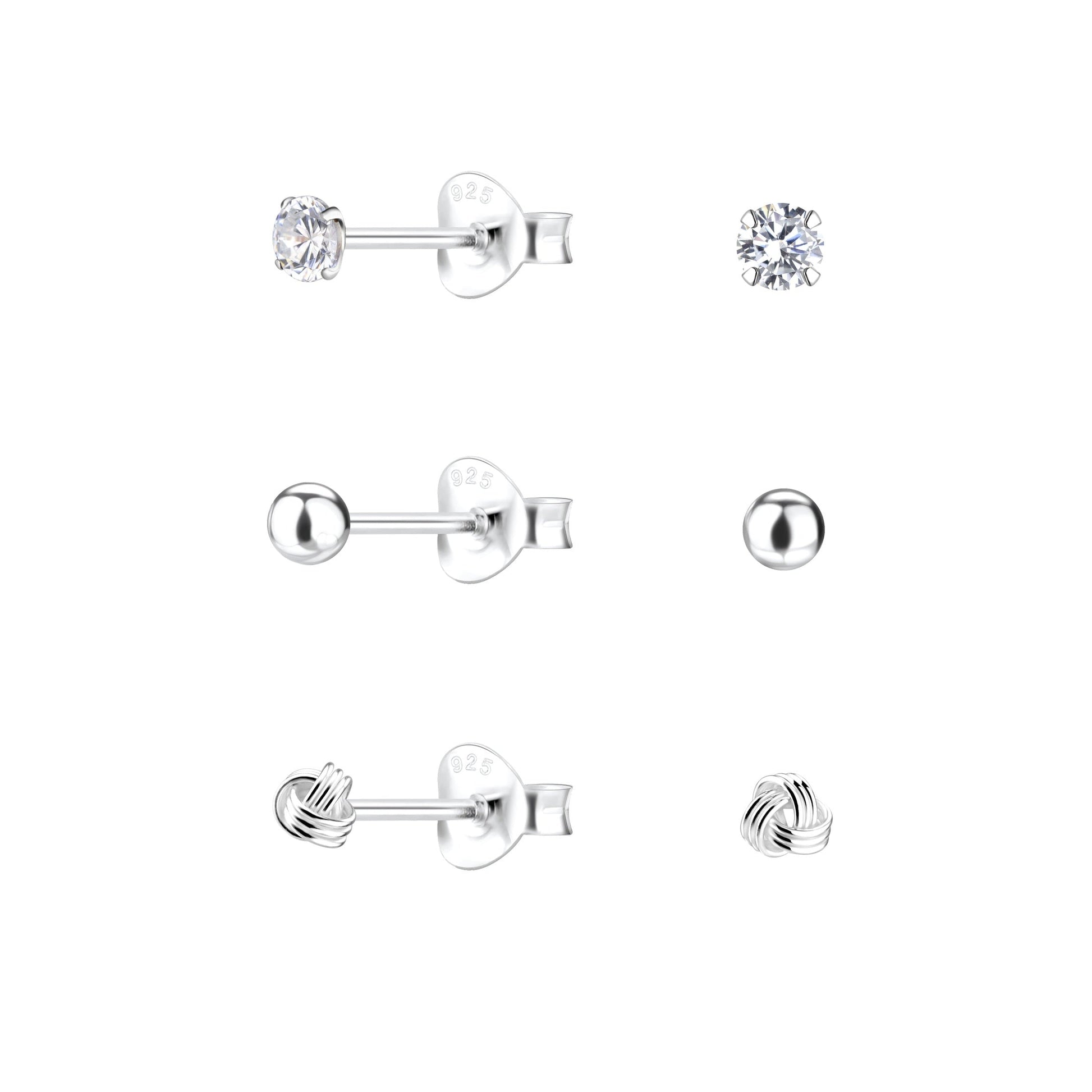 Round Zirconia Stud Earrings Set | 925 Sterling Silver Waterproof 3.3mm - Brazale - T