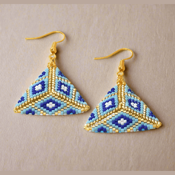 Santorini Sky Set - Blue & Gold Miyuki Beaded Earrings & Bracelet | - Brazale - T