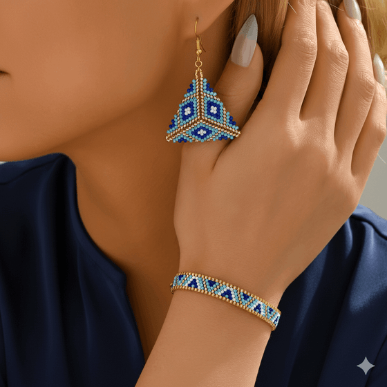 Santorini Sky Set - Blue & Gold Miyuki Beaded Earrings & Bracelet | - Brazale - T